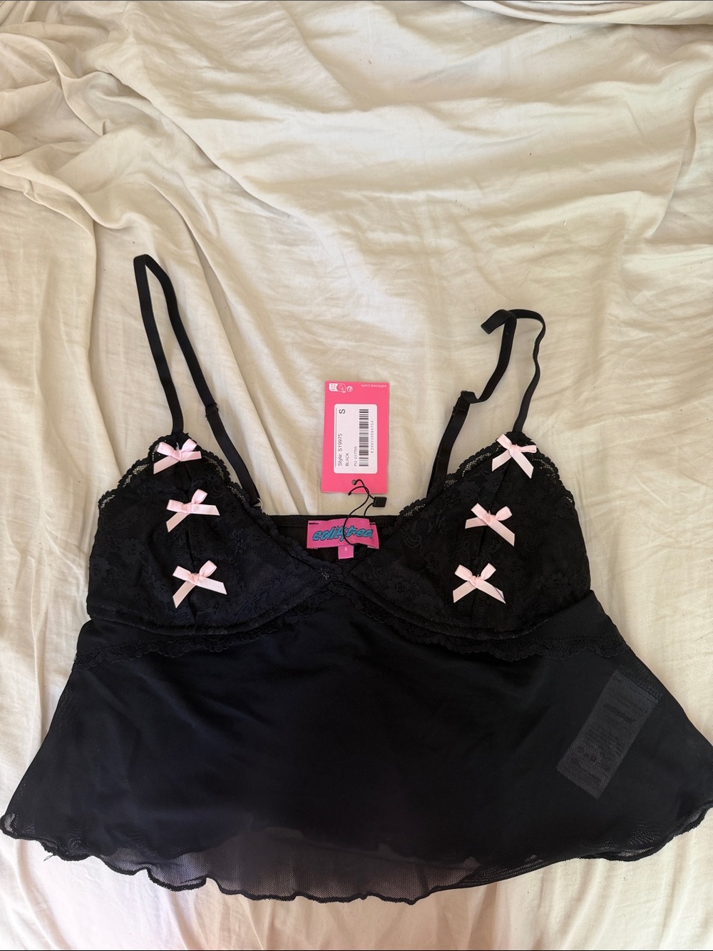 Edikted Black Lace Chemise with Pink Ribbon Bows